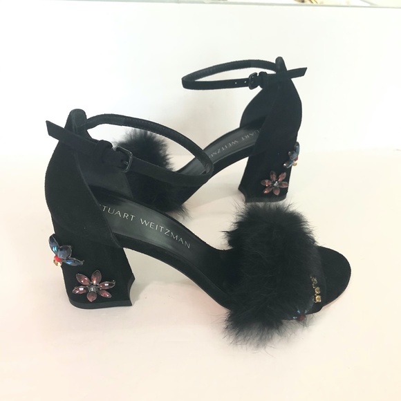 Stuart Weitzman Embellished Suede Fur Sandal Heels - Picture 13 of 15